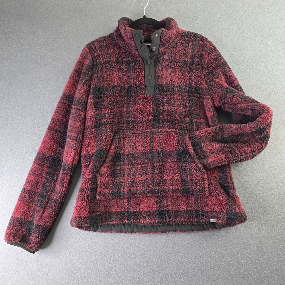 Eddie‎ Bauer Quest Plush Snap-Neck Pullover Red Black Plaid EB002020 Mens Medium